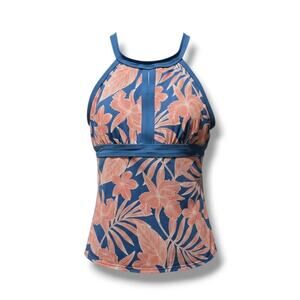 Lands’ End Womens Blue Floral High Neck Tankini Top with Built-In Bra Size 8 DDD